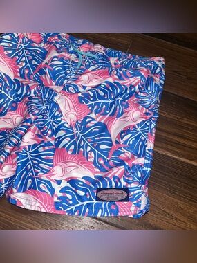 Vineyard Vines Boys Swim Trunks Small 8 10 Blue Pink Marlins Pockets